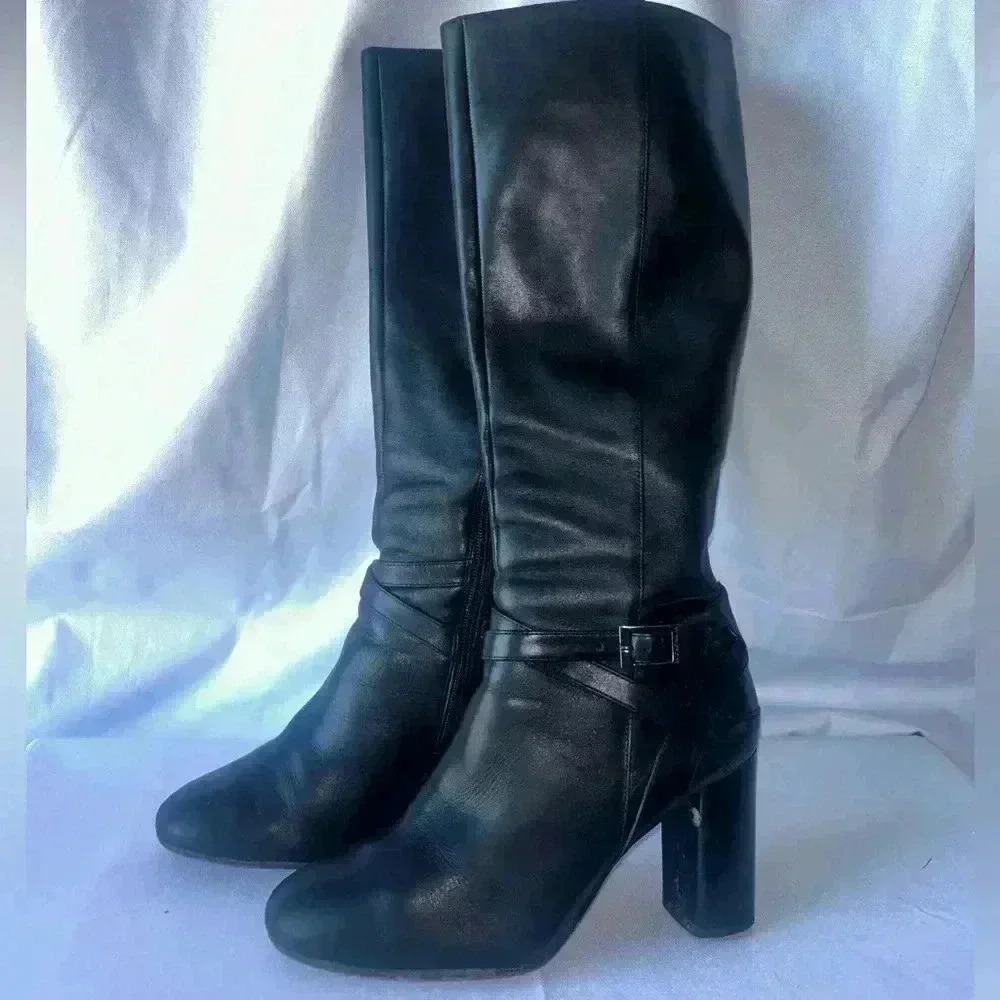 EUC Antonio Melani Knee High Black Leather Block 3.5 Heel Boots Women’s Size 8.5